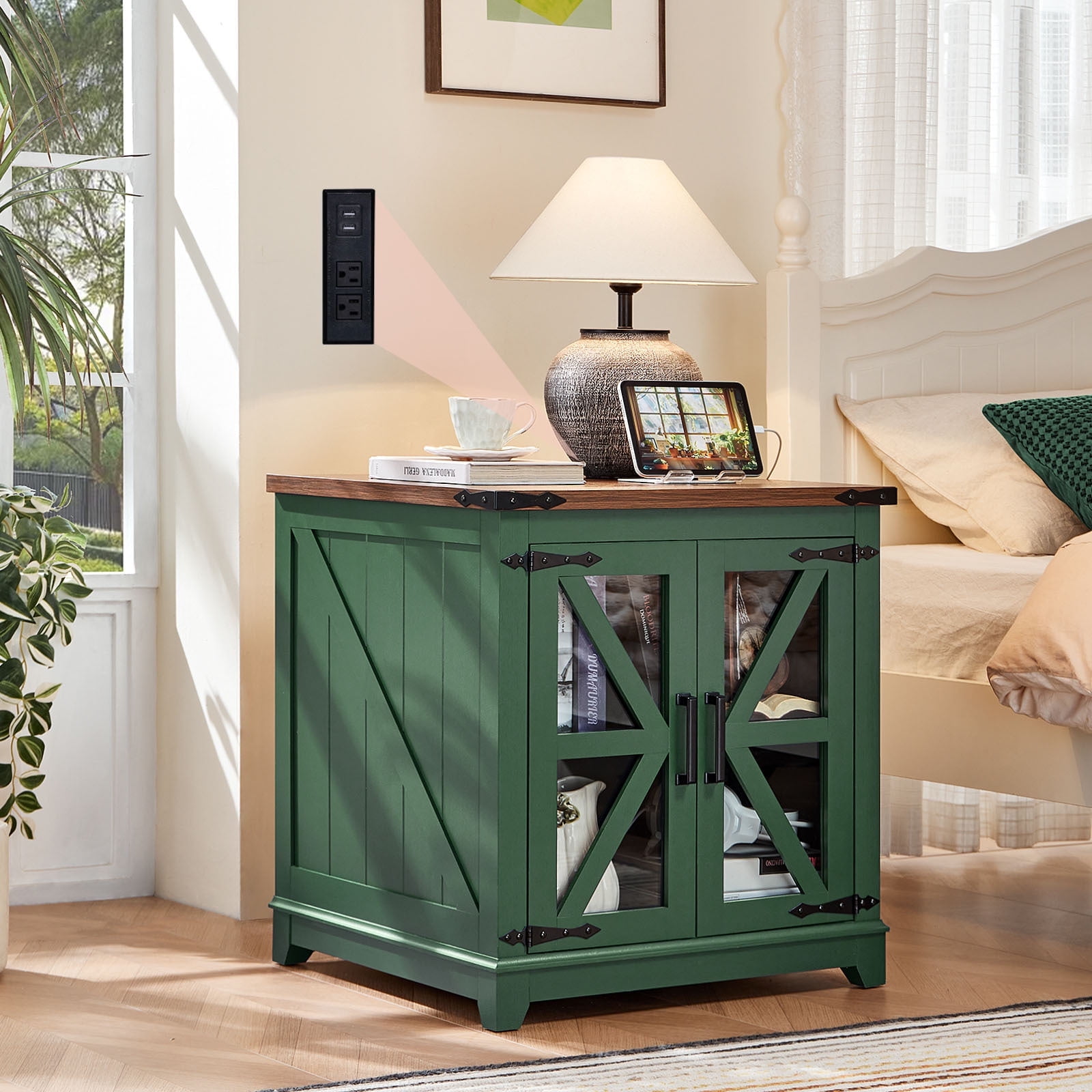 Joaxswe Farmhouse End Table with Power Outlets, Glass Door, Adjustable Storage Shelf, 24" Sidetable for Living Room, Bedroom, Office - Green