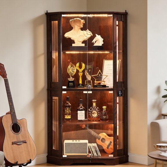 Joaxswe Farmhouse Glass Display Cabinet with Doors, Corner Storage Cabinet with Motion Sensor LED Lights & Reinforced Base for Living Room, Walnut