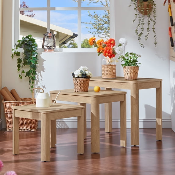 Joaxswe Farmhouse Nesting Tables Set of 3 – Living Room Table Set with Rounded Corners & Thickened Legs, Natural