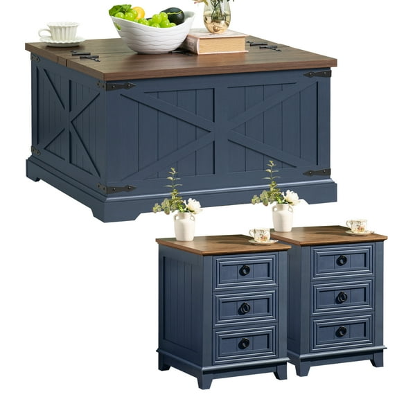 Joaxswe Farmhouse Nightstand & Lift Top Coffee Tables with Hidden Compartment, Rectangular Coffee Table Set for Living Room, Blue