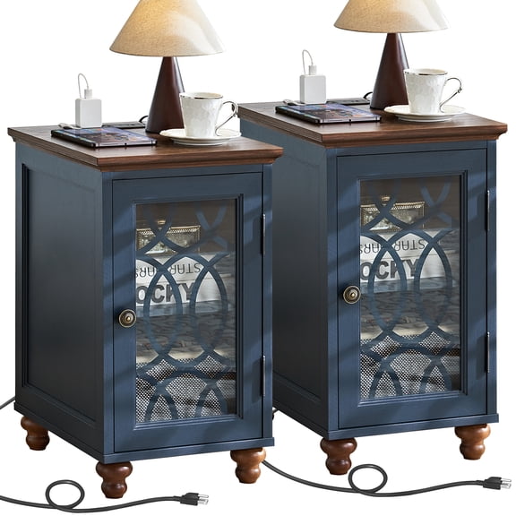Joaxswe Farmhouse Blue Nightstand Set of 2, Modern Bedside Table with Glass Door and Charging Station, Rustic End Table Side Table for Living Room