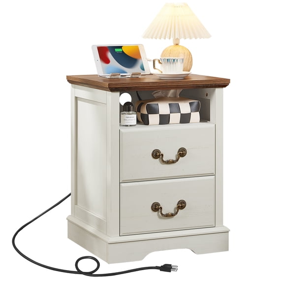 Joaxswe Farmhouse Nightstand Set of 2 with Charging Station, 2-Drawer Bedside Table with Open Shelf, Wood End Table for Bedroom Living Room, White