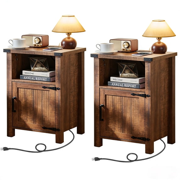 Joaxswe Farmhouse Nightstand Set of 2 with Charging Station, Adult Wooden Rustic End Table for Bedroom, Living Room, Brown
