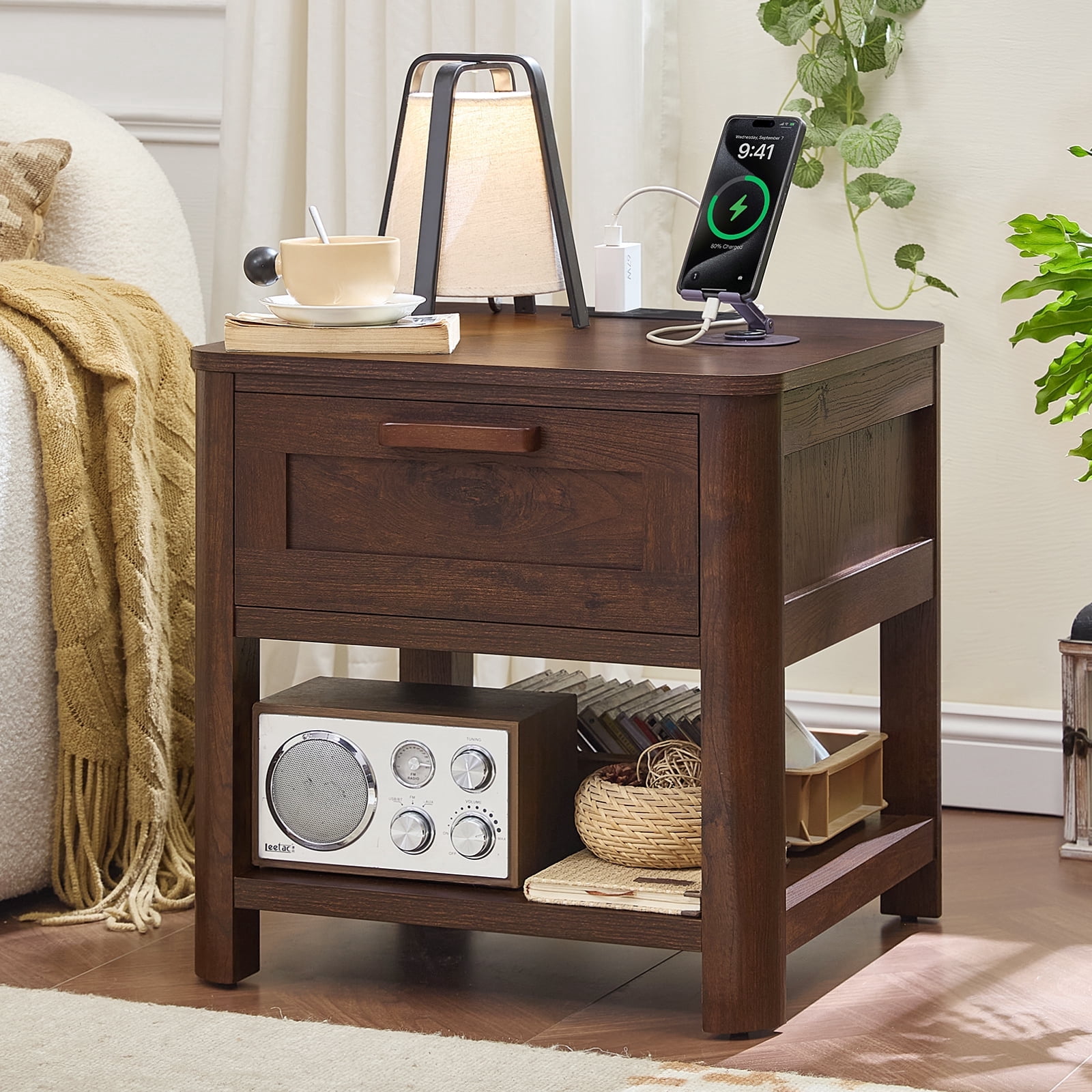 Joaxswe Farmhouse Nightstand w/Charging Station, Wooden Rustic Bedside Table, End Table w/Storage Shelf for Bedroom, Walnut