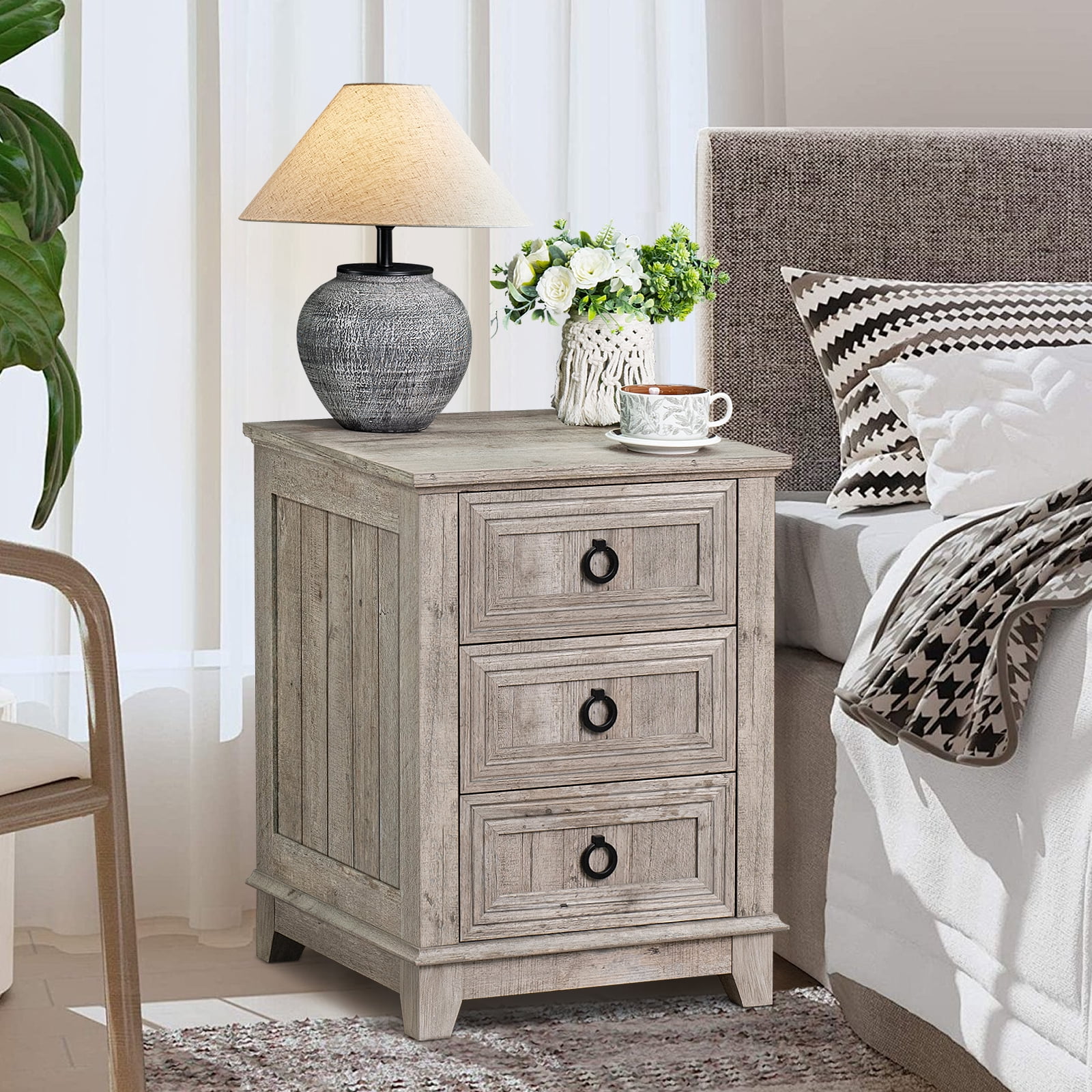 Joaxswe Farmhouse Nightstand with 3 Drawers, Wood Bedside Table Night Stand, Wide Sofa Side End Table for Living Room, Bedroom, Grey Oak