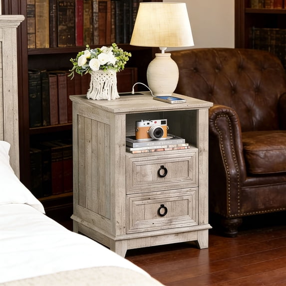 Joaxswe Farmhouse Nightstand with Charging Station, End Table Featuring 2 Drawers and Open Shelf, Bedside Storage Cabinet for Bedroom or Living Room