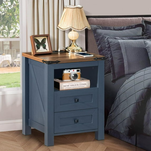 Joaxswe Farmhouse Nightstand with Charging Station, End Table with 2 Drawers for Living Room, Side Table, Vintage Blue