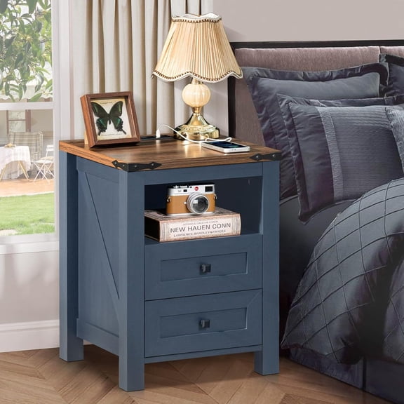 Joaxswe Farmhouse Nightstand with Charging Station, End Table with 2 Drawers for Living Room, Side Table, Vintage Blue