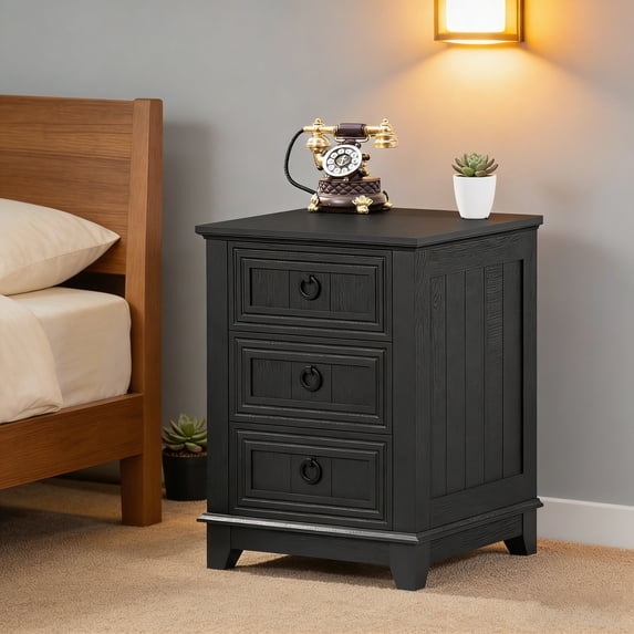 Joaxswe Farmhouse Nightstand with Charging Station, End Table with 3 Drawers for Living Room, Adult Side Table, Black