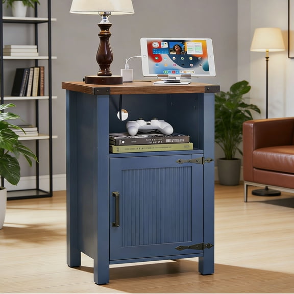 Joaxswe Farmhouse Nightstand with Charging Station, Navy Adult Bedside End Table with Wave-patterned Door, and Open Shelf for Bedroom