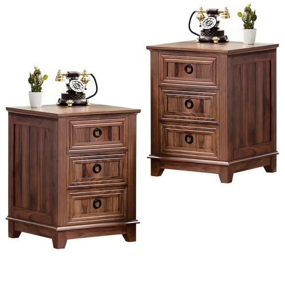 Joaxswe Farmhouse Side Table with Charging Station Set 2, 3 Drawer Nightstand for Bedroom, Adult Bed Side Table Cabinet, Brown