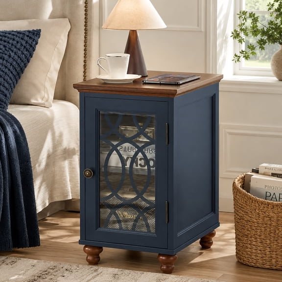 Joaxswe Farmhouse Side Table with Glass Door Storage, 14" Wide End Table with Solid Wood Legs, Bedside Table for Living Room, Bedroom, Navy Blue