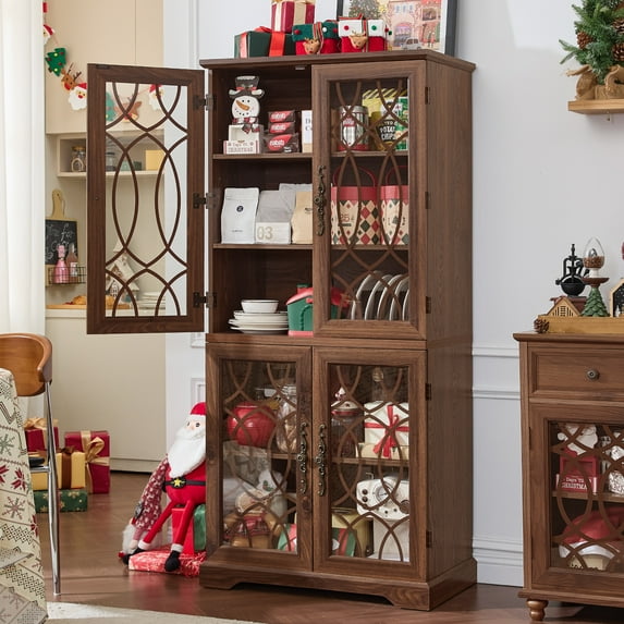 Joaxswe Farmhouse Sideboard Buffet Accent Cabinet Wooden Console Storage Cabinet with Transparent Glass Doors Brown
