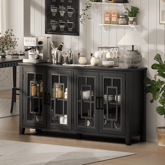 Joaxswe Farmhouse Sideboard Buffet with Storage, 63" Large Coffee Bar Cabinet with Glass Doors and Shelves for Dining Room, Black