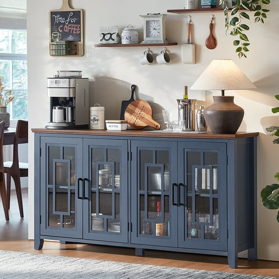 Joaxswe Farmhouse Sideboard Buffet with Storage, 63" Large Coffee Bar Cabinet with Glass Doors and Shelves for Dining Room, Blue