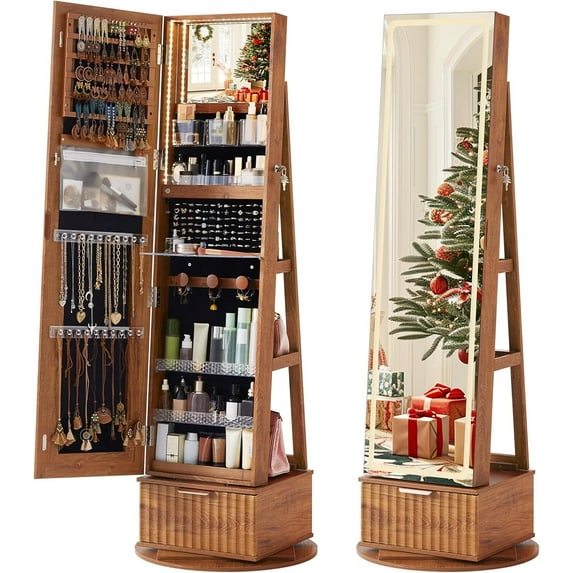 Joaxswe Fluted 360° Swivel Jewelry Cabinet with Full Length Mirror Modern Adult Accessory Armoire with Rear Storage Shelves, Tea Brown