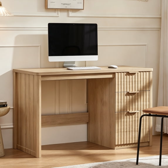 Joaxswe Fluted Office Desk 48" with 3 Drawers Storage File Cabinet Wood Farmhouse Desk for Computer Office Bedroom Home Furniture Natural Oak