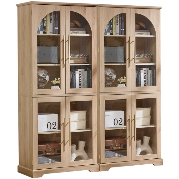 Joaxswe Glass Door Storage Accent Cabinet Set of 2, Mid Century Modern Wood Display Bookcase for Kitchen, Living Room, Natural Oak