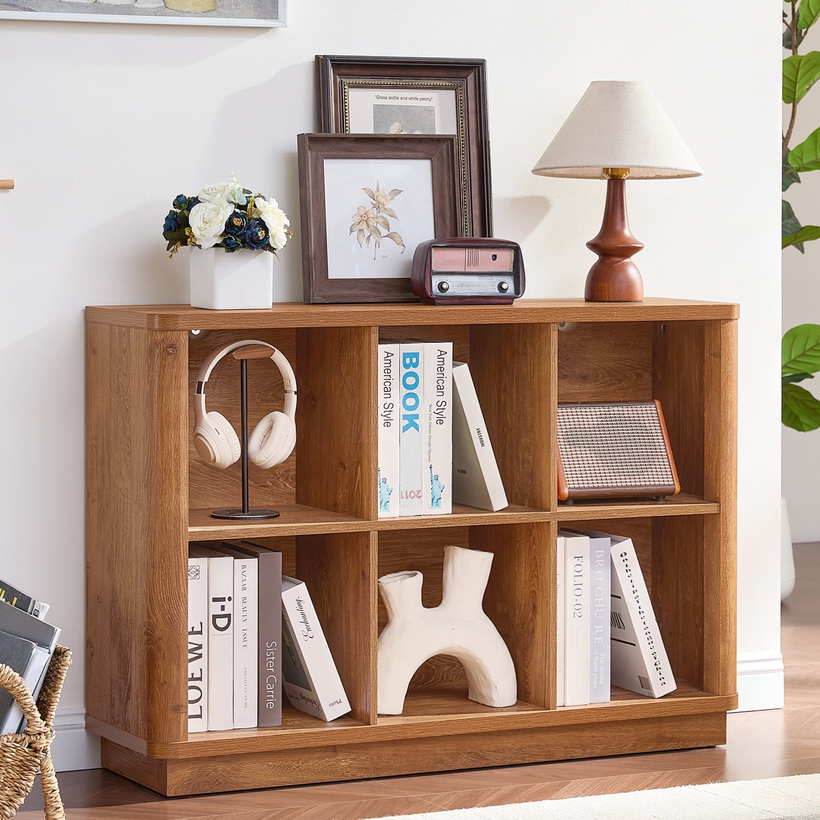 Joaxswe Horizontal 6-Cube Storage Book Shelf, 40.5" Wide Wood 2-Tier Low Floor Standing Bookcase for Living Room, Bedroom, Home Office, Kids Room