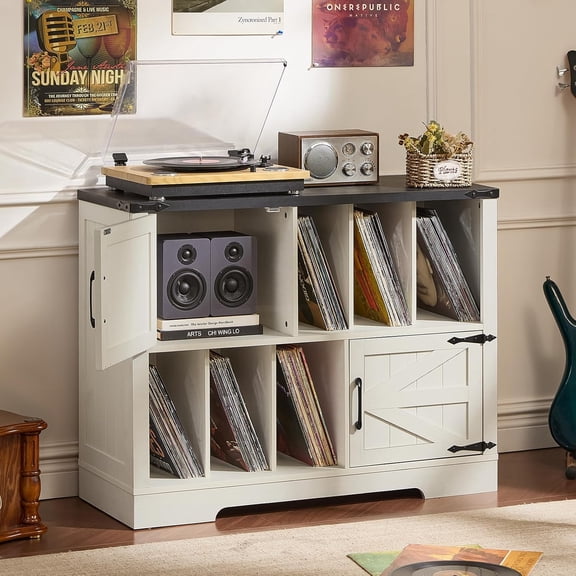 Joaxswe Large Record Player Stand with Vinyl Storage Up to 450 Albums39 Inch Farmhouse Rustic Wood White Storage Cabinet with Barn Doors, Vintage Mid-Century Turntable Stand for Bedroom, Living Room