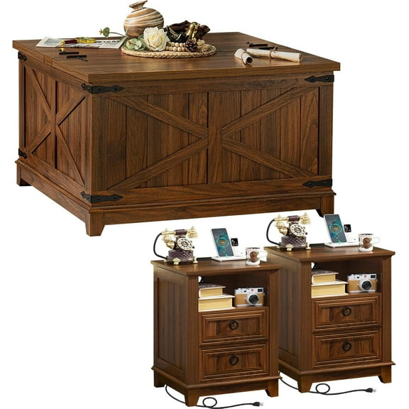 Joaxswe Lift Top Coffee Table Set, Brown Furniture Set, Coffee Table with Hidden Storage Space and Nightsand with Power Outlets 3-Piece Set for Bedroom