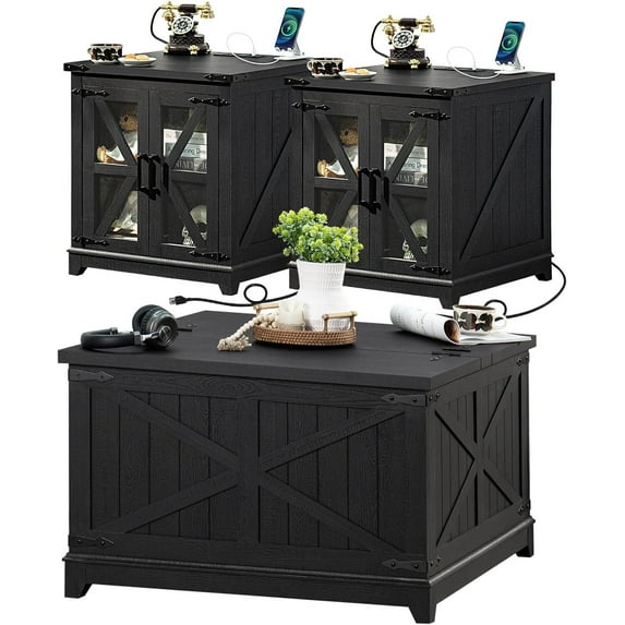 Joaxswe Living Room Coffee Table Set of 3, Farmhouse Industrial Table Set with Coffee Table & 2 End Tables with Charging Station, Square Wood and Metal Corner Guard, Black