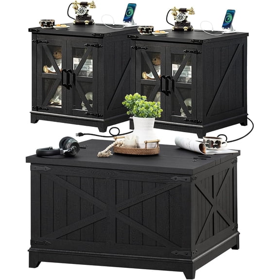 Joaxswe Living Room Coffee Table Set of 3, Farmhouse Industrial Table Set with Coffee Table & 2 End Tables with Charging Station, Square Wood and Metal Corner Guard, Black