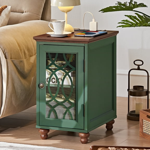 Joaxswe Modern Farmhouse Nightstand with Charging Station for Home Bedroom Living Room, Rustic Metal Wood End Table, Side Table, Green
