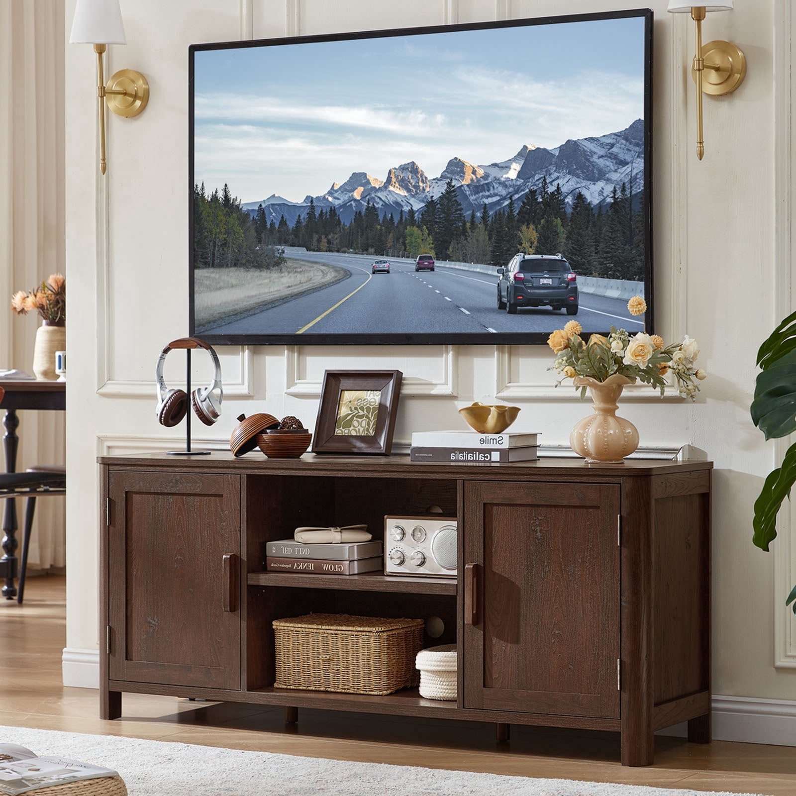 Joaxswe Modern Farmhouse with 2 Doors TV Stand, up to 65 inches, Rustic TV Stands for Bedroom, Walnut Wood Grain Finish