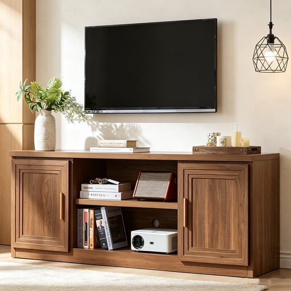 Joaxswe Modern TV Stand for TVs up to 70", Wood Media Console with Large Storage Cabinets, Entertainment Center for Living Room, Light Walnut