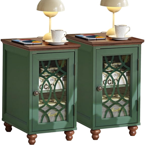 Joaxswe Narrow Nightstand Set of 2 for Bedroom, Wood End Table with Drawer and Glass Door for Living Room, Green