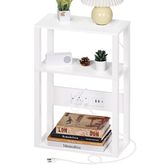 Joaxswe Narrow Side Table with Charging Station, 3 Tier Slim End Table with Storage Shelf Beside Sofa, Thin Tables Small Nightstand Magazine Rack for Bedroom, White