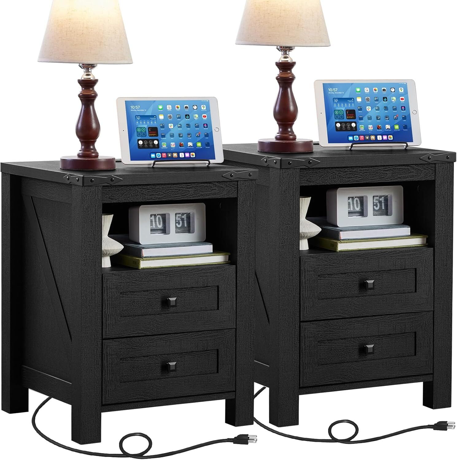 Joaxswe Nightstand with Charging Station Set of 2, 18"Wide Bedside Table with 2 Drawers & Open Shelf, Wood End Table with Storage & Metal Handle for Bedroom, Black