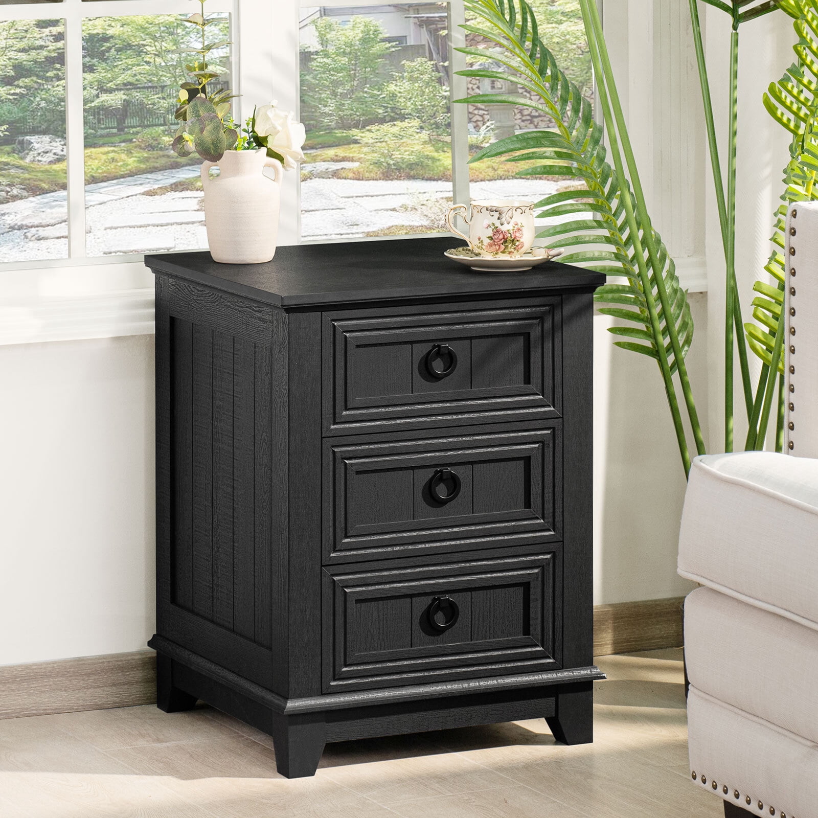 Joaxswe Nightstand, Modern 3 Drawer Nightstand, Black Nightstand with Ring Handle, Wooden Side Table Storage Cabinet Unit for Bedroom/Living Room