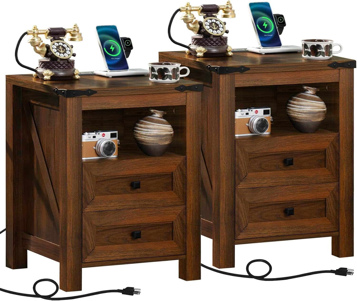 Joaxswe Nightstand Set of 2 with Charging Station, Bedside Table with 2 Drawers, Bed Side Tables for Bedroom, Modern Farmhouse Nightstands End Table for Living Room, Brown