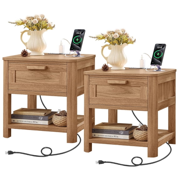 Joaxswe Nightstand Set of 2 for Bedroom with Charging Station, Adult Dark Wood Bedside Table with with Open Shelf and Drawer for Living Room