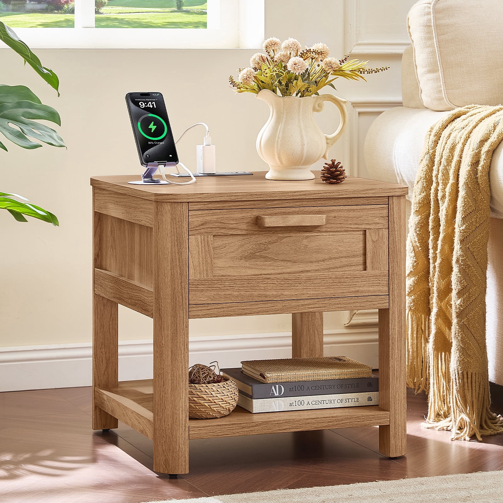 Joaxswe Nightstand with Charging Station, Dark Wood End Table with Silent Slide Drawers, Modern Side Table, Wooden Night Stand for Living Room