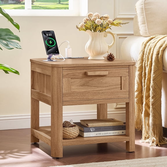 Joaxswe Nightstand with Charging Station, Dark Wood End Table with Silent Slide Drawers, Modern Side Table, Wooden Night Stand for Living Room