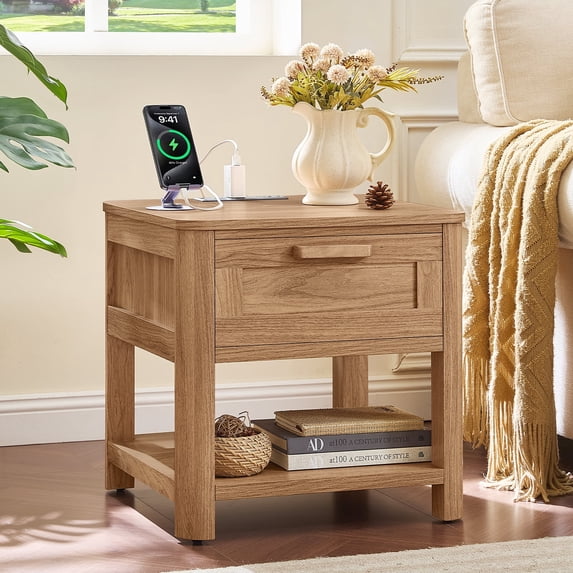 Joaxswe Nightstand with Charging Station, Dark Wood End Table with Silent Slide Drawers, Modern Side Table, Wooden Night Stand for Living Room