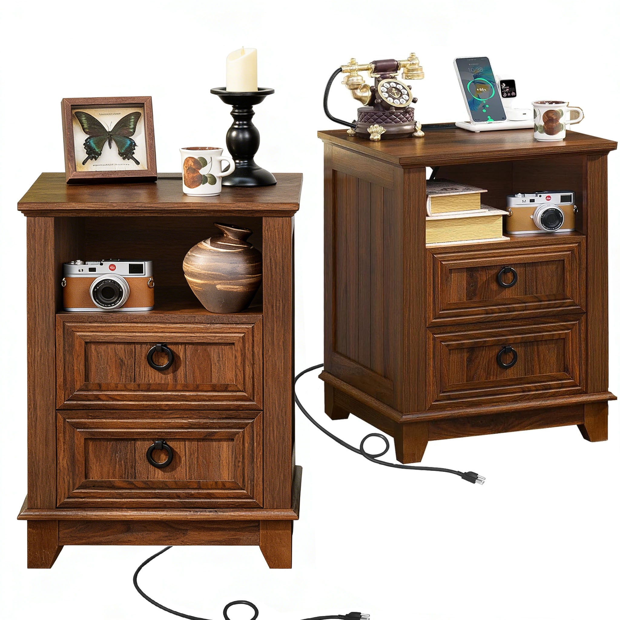 Joaxswe Nightstand with Charging Station Set of 2, Adult End Table Wooden Bedside Table with 2 Drawers for Living Room, Brown