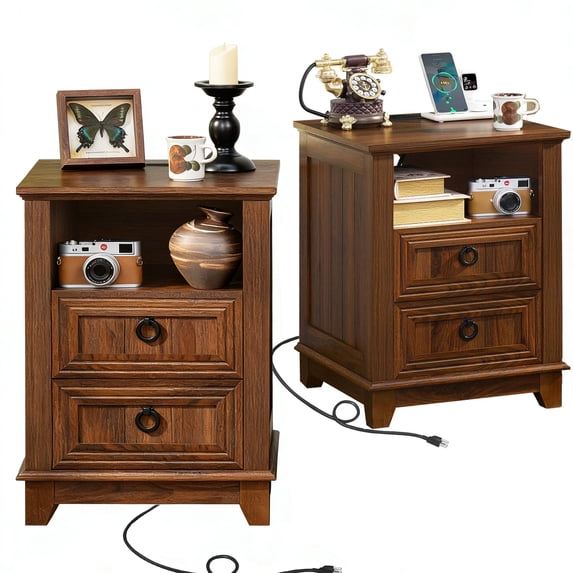 Joaxswe Nightstand with Charging Station Set of 2, Adult End Table Wooden Bedside Table with 2 Drawers for Living Room, Brown