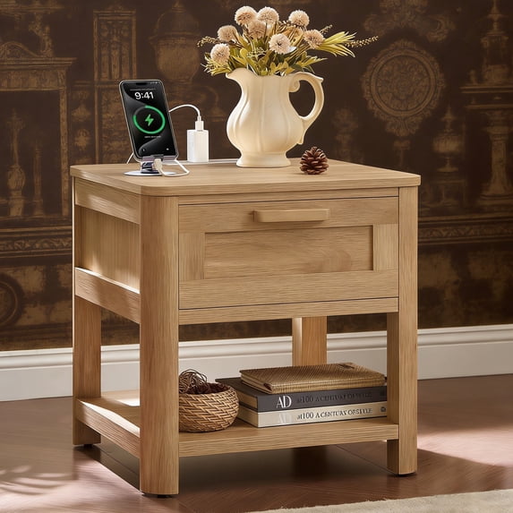 Joaxswe Nightstand with Drawer, Natural Nightstands with Open Storage Shelf, Modern Adult Bedside Table End Side Table with Solid Legs for Bedroom