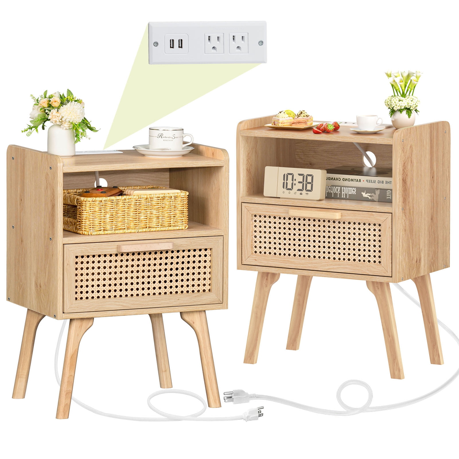 Joaxswe Rattan Nightstand Set of 2 with Charging Station, Boho Modern Bedside Tables with Drawer & Shelf, Bed Side Tables End Table for Living Room - Natural Wood