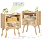 Joaxswe Rattan Nightstand Set of 2 with Charging Station, Boho Modern Bedside Tables with Drawer & Shelf, Bed Side Tables End Table for Living Room - Natural Wood