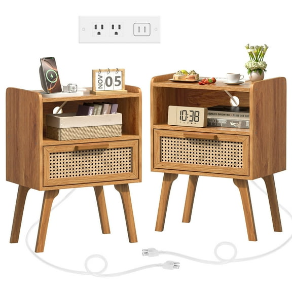 Joaxswe Rattan Nightstand Set of 2 with Charging Station and Drawer, End Table with Storage Shelf for Bedroom, Living Room, Light Brown