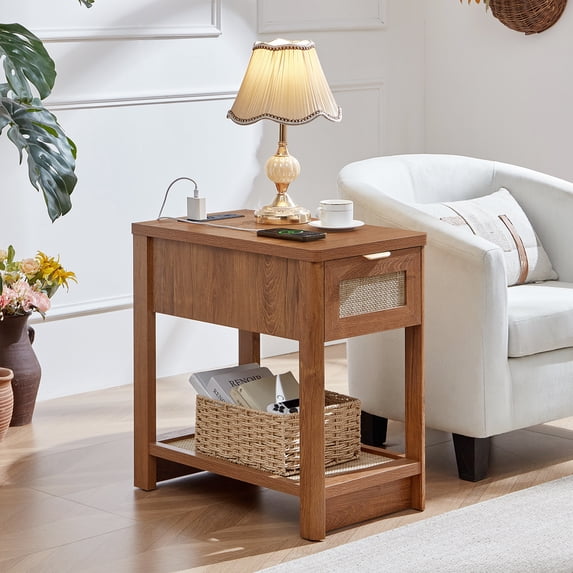 Joaxswe Rattan Nightstand with 1 Drawer, Storage Shelf, Boho Narrow Side Table, Bedroom Furniture, Brown