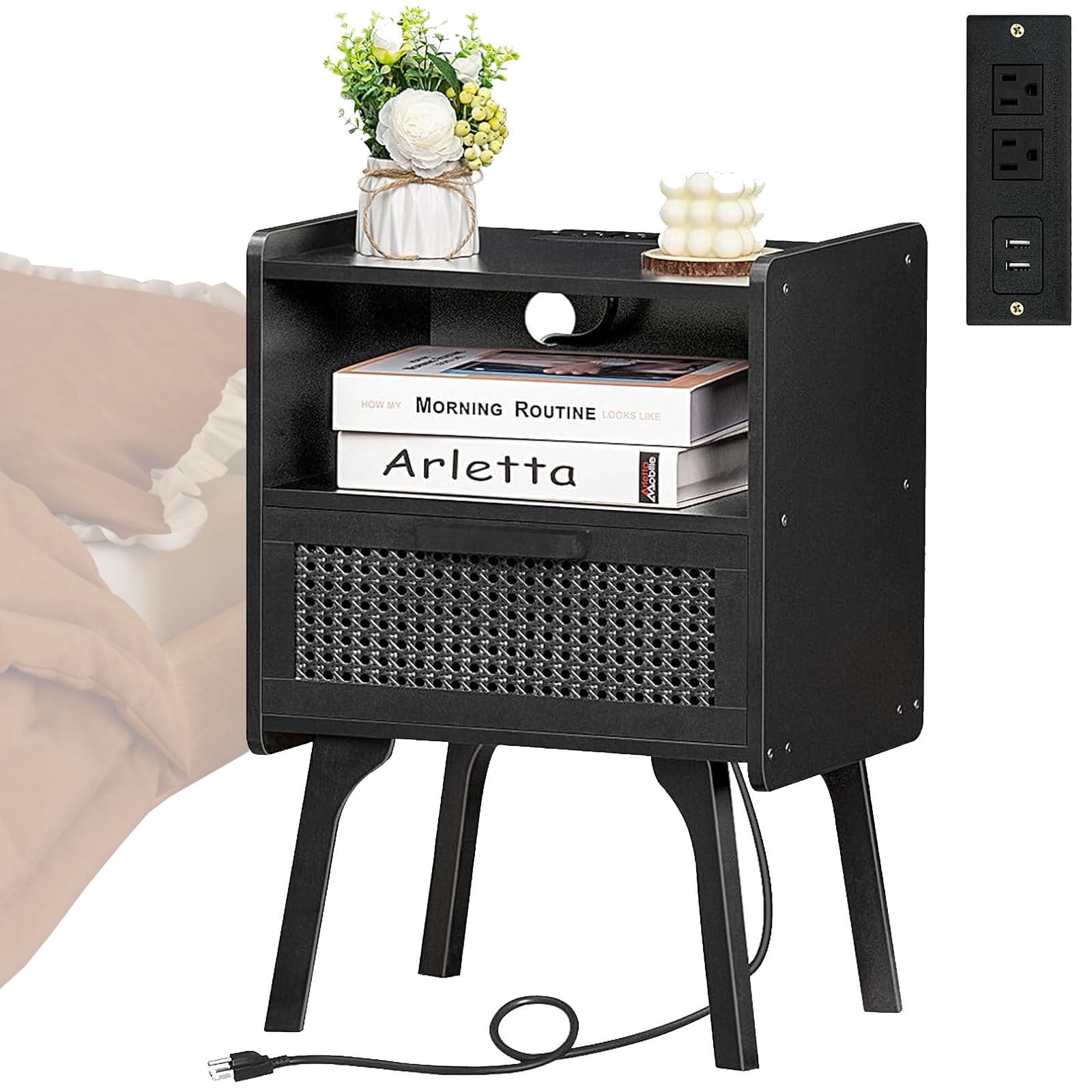 Joaxswe Rattan Nightstand with Power Outlet, End Table Beside Table with 1 Drawer & 1 Open Shelf for Bedroom Living Room, Black
