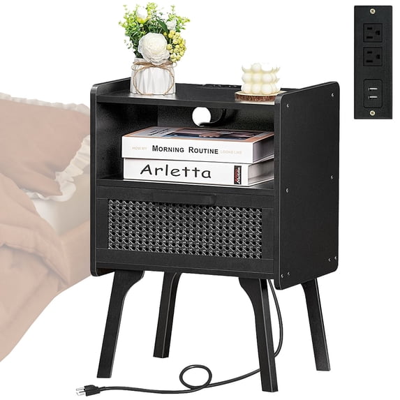 Joaxswe Rattan Nightstand with Power Outlet, End Table Beside Table with 1 Drawer & 1 Open Shelf for Bedroom Living Room, Black