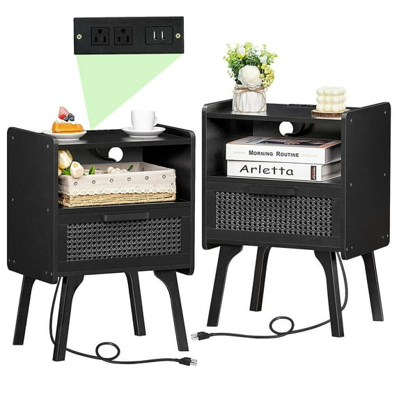 Joaxswe Rattan Nightstands Set of 2 with Charging Station, USB Port, Boho Bedside Table with Storage Drawer & Shelf, End Table Side Table for Bedroom, Black