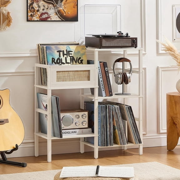 Joaxswe Record Player Stand, Boho Grey White Rattan 3-Tier Media Table, Holds 300+ Albums, Vinyl Storage & Display Shelf for Living Room